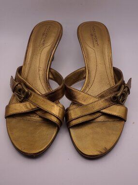 Rockport Gold Metallic Leather Kitten Heel Slide Sandals 6M Medium Width